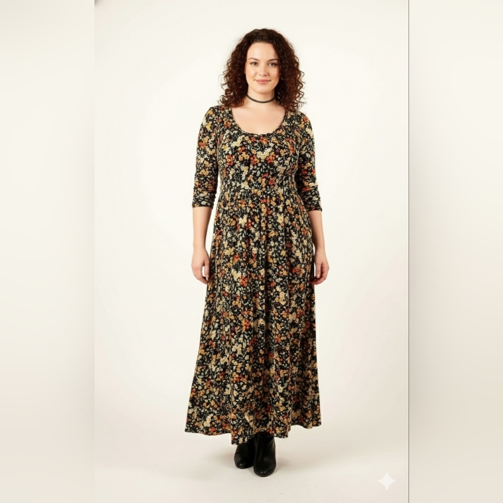 Anthropologie Floral Maxi Dress - Black, Orange, Yellow
